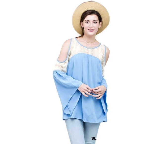 Kori America Lace Keyhole Sleeve Top, Blue - Picture 3 of 6